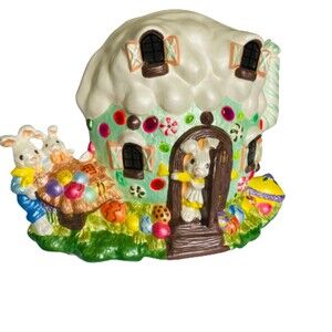 Vintage Ceramic Easter House Lamp Handpainted Bunnies Spring Decor 12x8.5"